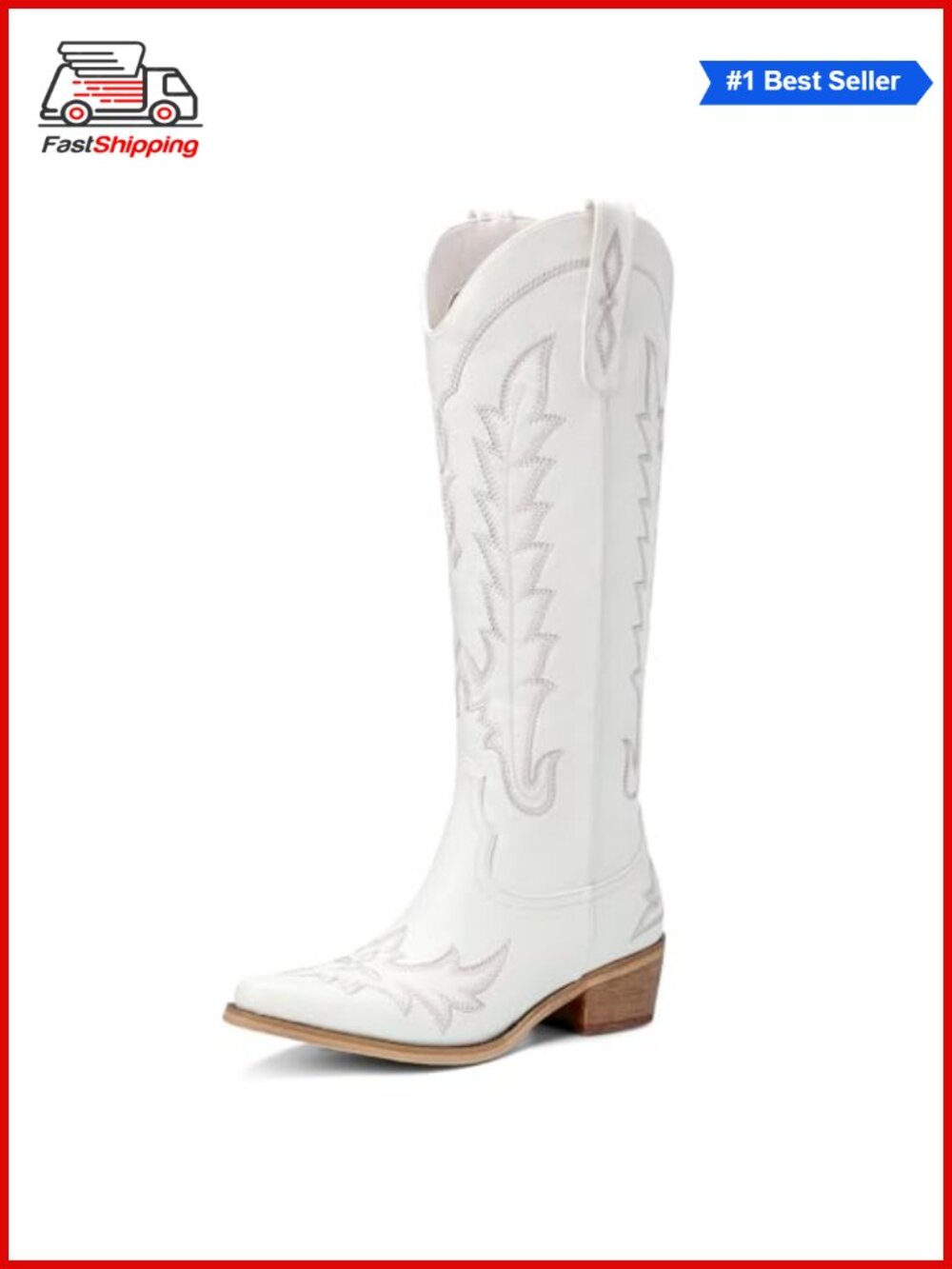 Western Cowboy Boots Knee High Pointed Toe Chunky Heel Pull On Zip
